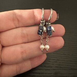 Cape Diablo Silver Lapis Pearl Drop Hoop Earrings